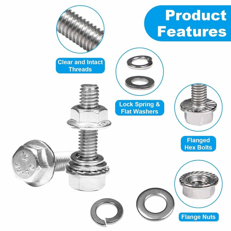 Yinpecly 25 Sets M6-1.0 x 25mm Flanged Hex Head Bolts Kits, M6 Flange Hexagon Screws and Nuts,Flat & Spring Lock Washers,18-8 (304) Stainless Steel,Metric Bolt Assortment, Fully Threaded - Image 3
